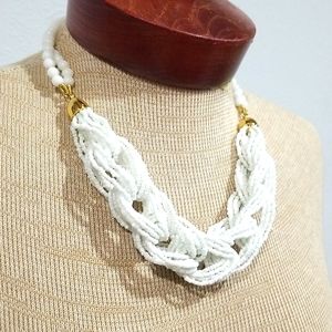 Talbots White Seed Bead Woven Necklace Sphere Beads Goldtone Adjustable …